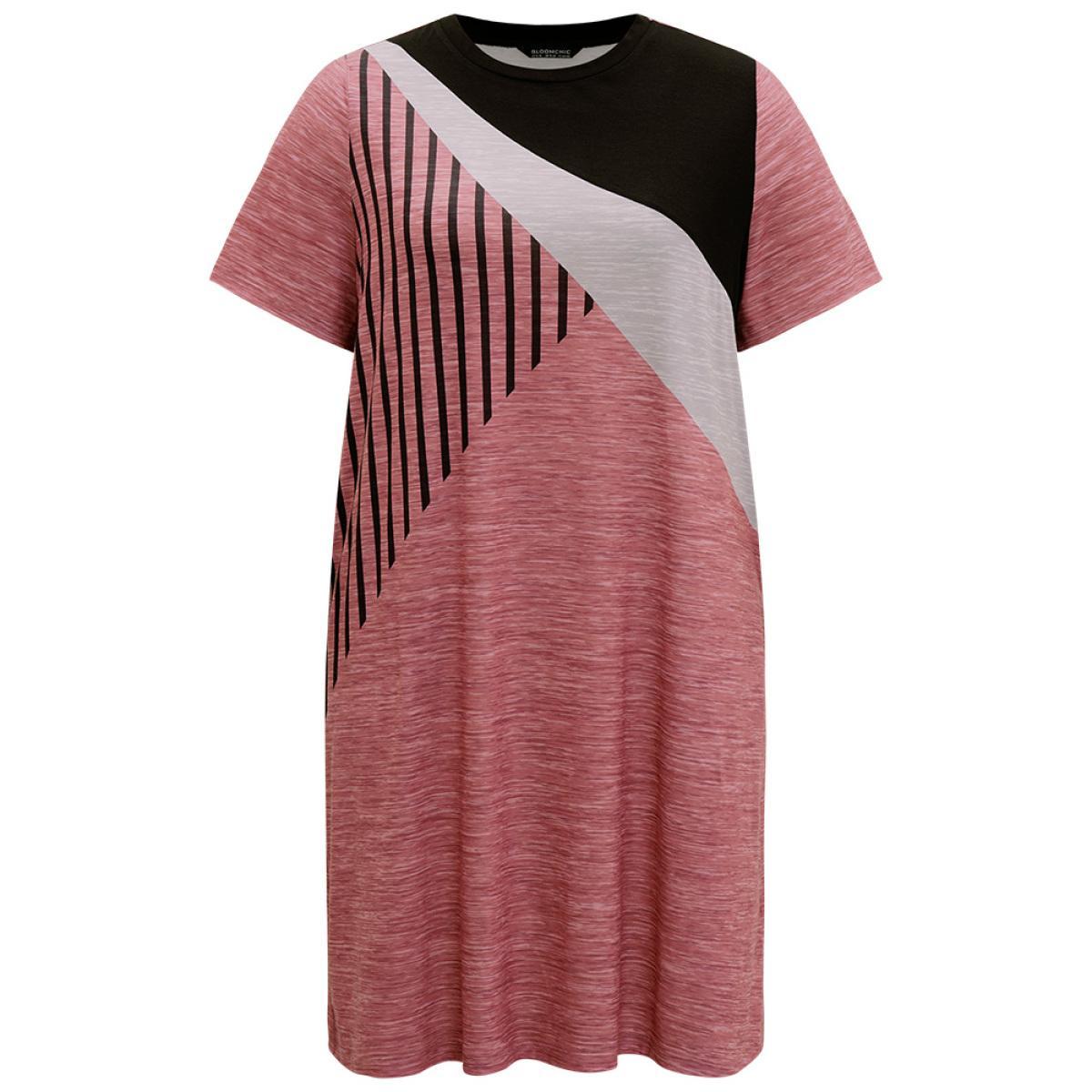 Plus Size Colorblock Contrast Striped Pocket Crew Neck Dress Russet Women Casual Patchwork Round Neck Short sleeve Curvy Midi Dress BloomChic 22-24/3X Product Image