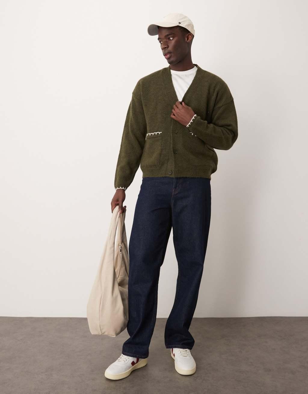 ASOS DESIGN relaxed boxy fit knitted cardigan with blanket stitch detail pockets in khaki Product Image