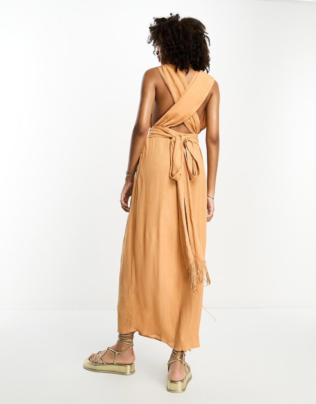 ASOS DESIGN crinkle plunge midi sundress with wrap waist detail and fringe tie Product Image