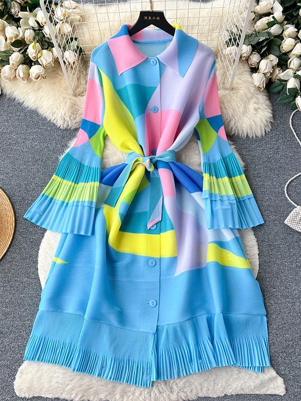 Flared Sleeves Loose Belted Contrast Color Pleated Midi Dresses Product Image