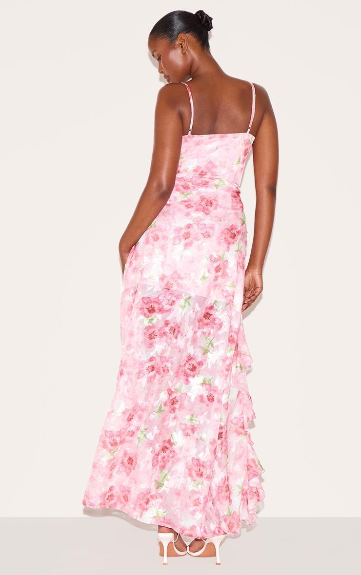 Pink Floral Chiffon Frill Plunge Strappy Maxi Dress Product Image