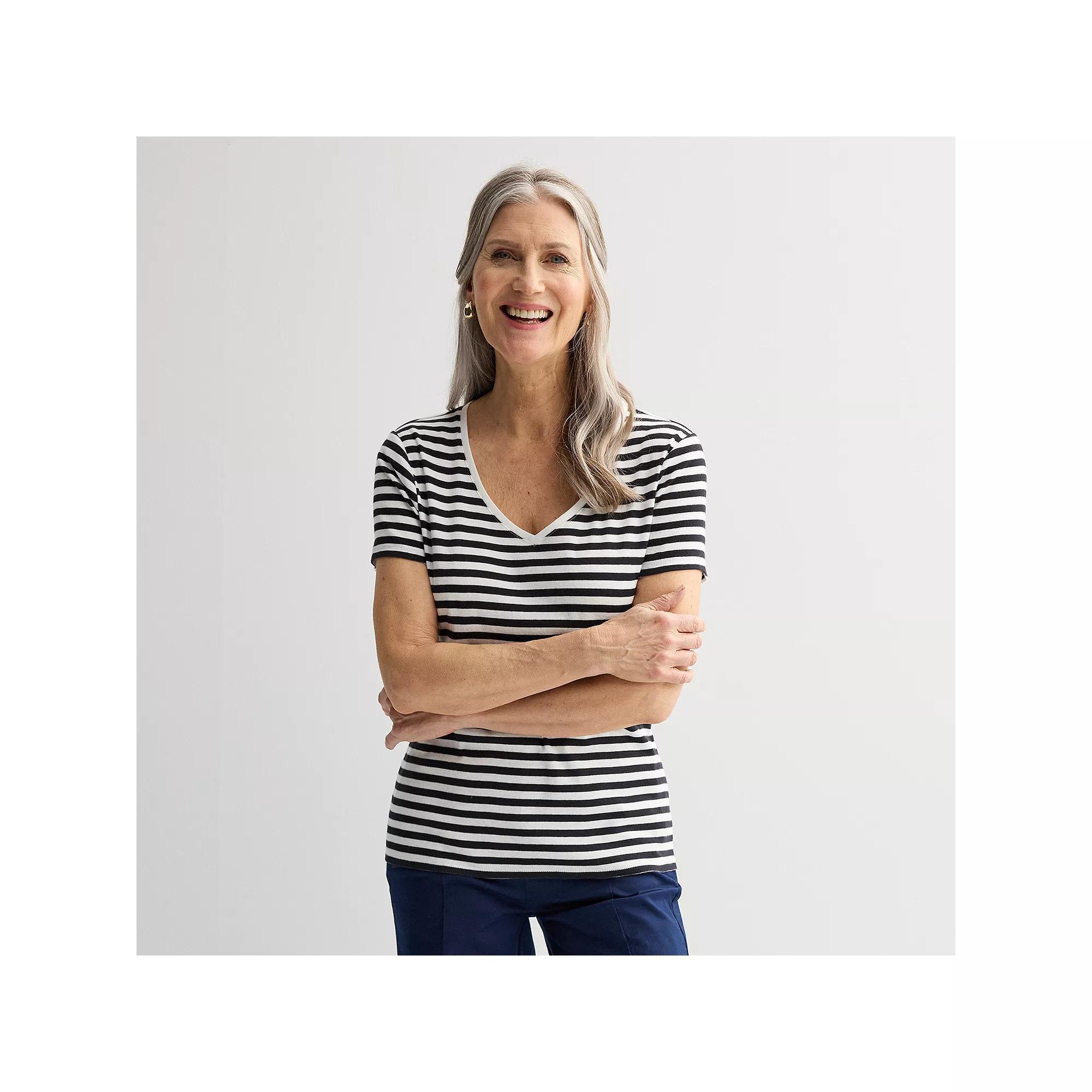 Women's Croft & Barrow® Essential V-Neck Tee, Size: XL, Black Rail Stripe Product Image