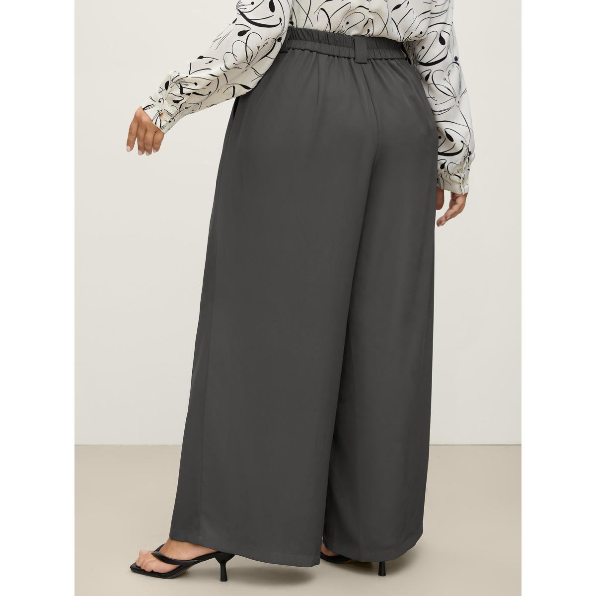 Plus Size Stretchy Waist Pleated Wide-Leg Pants Women DimGray Loose Mid Rise Work Pants BloomChic 14-16/1X Product Image