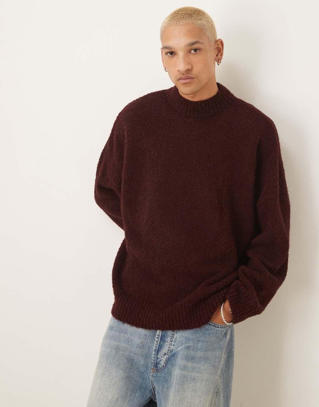 ASOS DESIGN super oversized boxy fit textured knit funnel neck sweater in burgundy Product Image