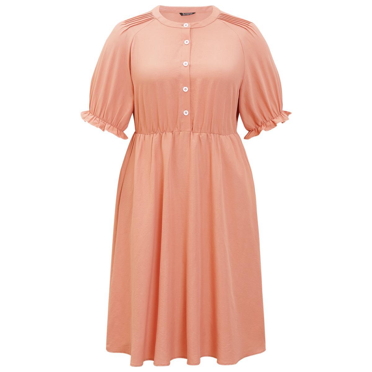 Plus Size Plain Ruffles Pocket Button Up Puff Sleeve Pleated Dress Salmon Women Office Pleated Round Neck Short sleeve Curvy Midi Dress BloomChic 30/6X Product Image