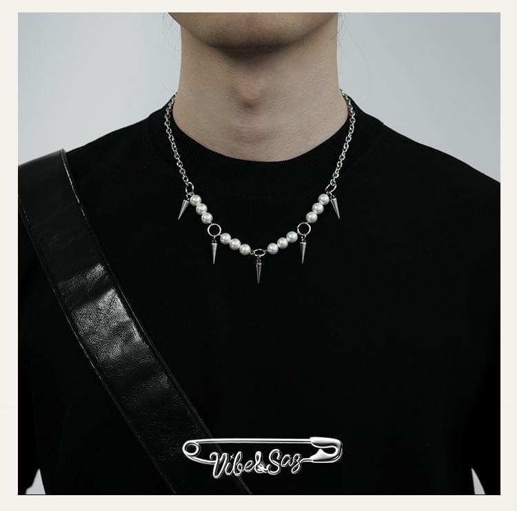 Faux Pearl Necklace / Spike Fringed Necklace Product Image