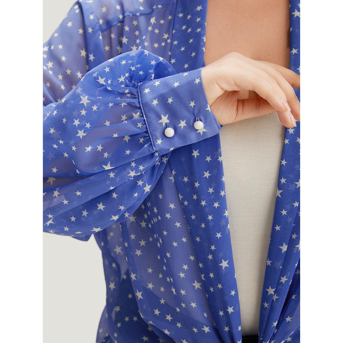 Plus Size UltraCool Star Print Lapel Collar Bowknot Kimono Women Blue Casual Drape Dailywear Kimonos BloomChic 14-16/1X Product Image