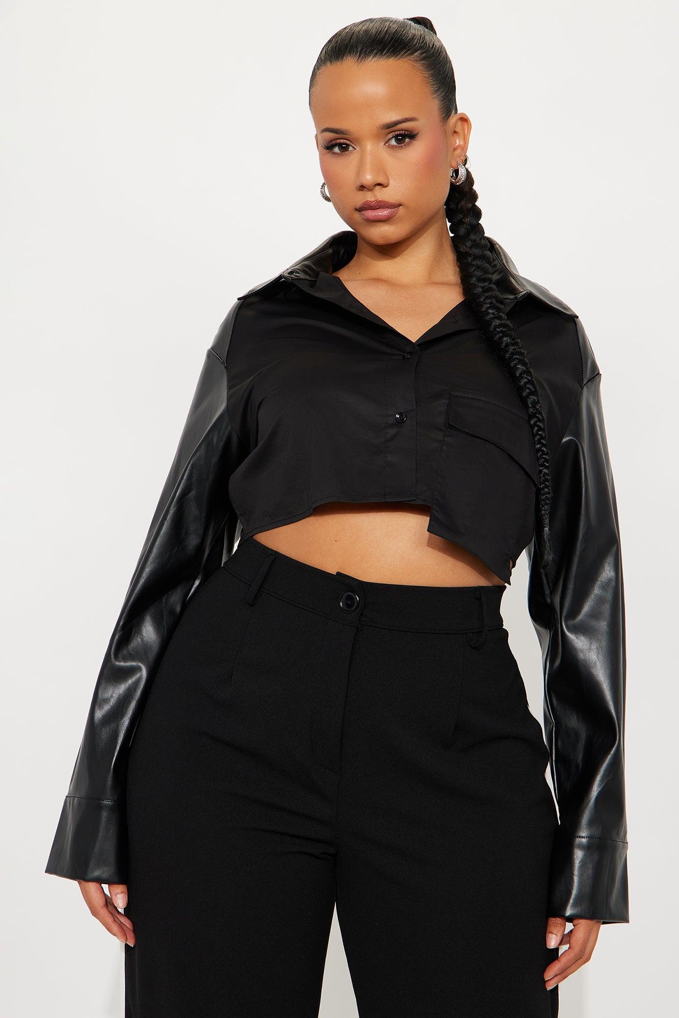 Hey Way Poplin Contrast Faux Leather Shirt - Black Product Image