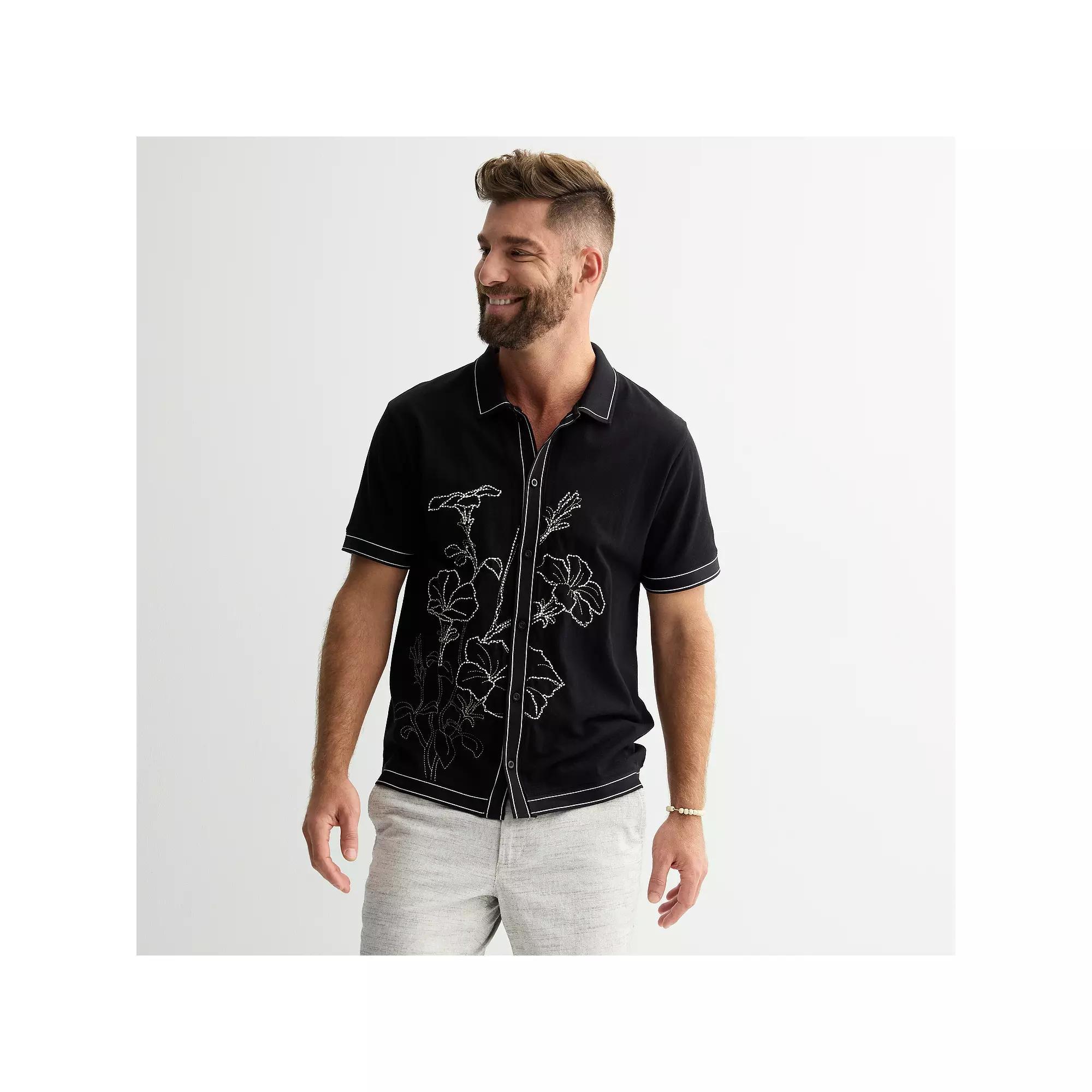 Men's Apt. 9® Embroidered Full Button-Down Knit Polo, Size: XXL, Mineral Black Product Image