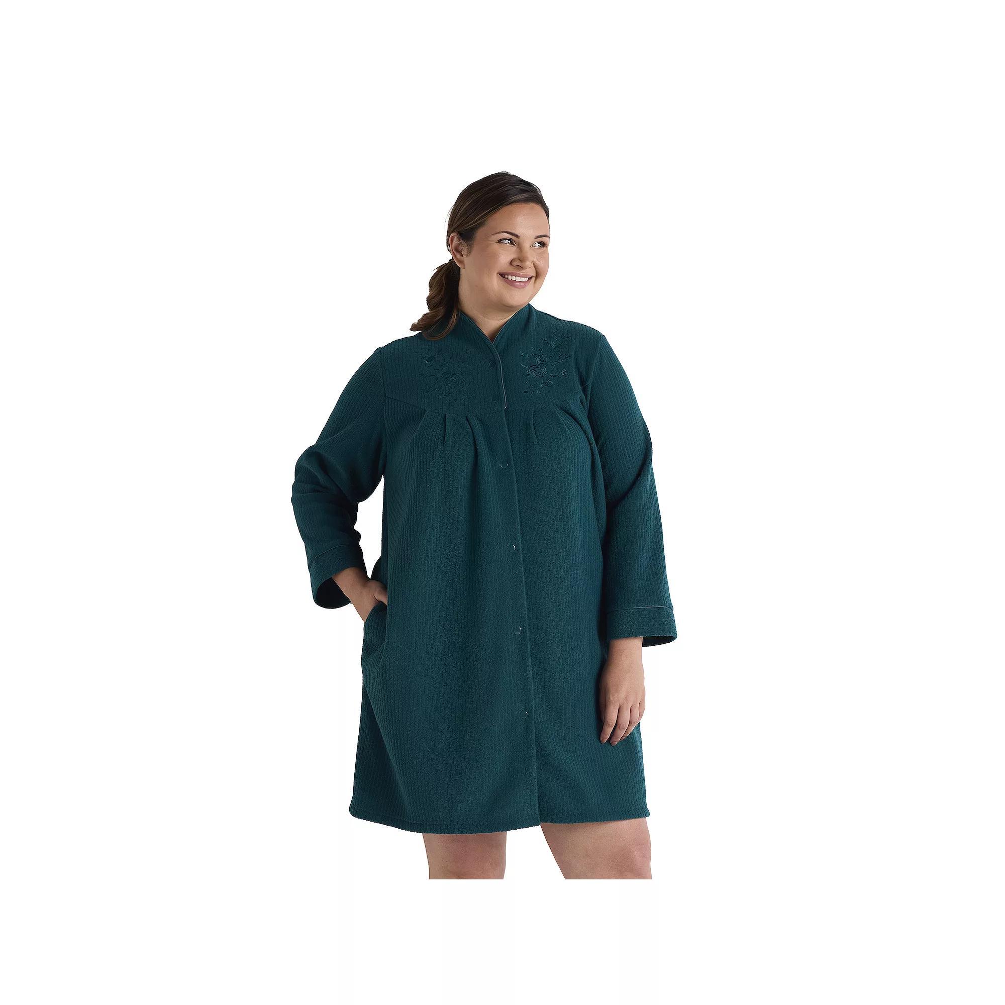 Plus Size Miss Elaine Essentials Brushed Back Terry Short Snap Robe, Womens Green Product Image