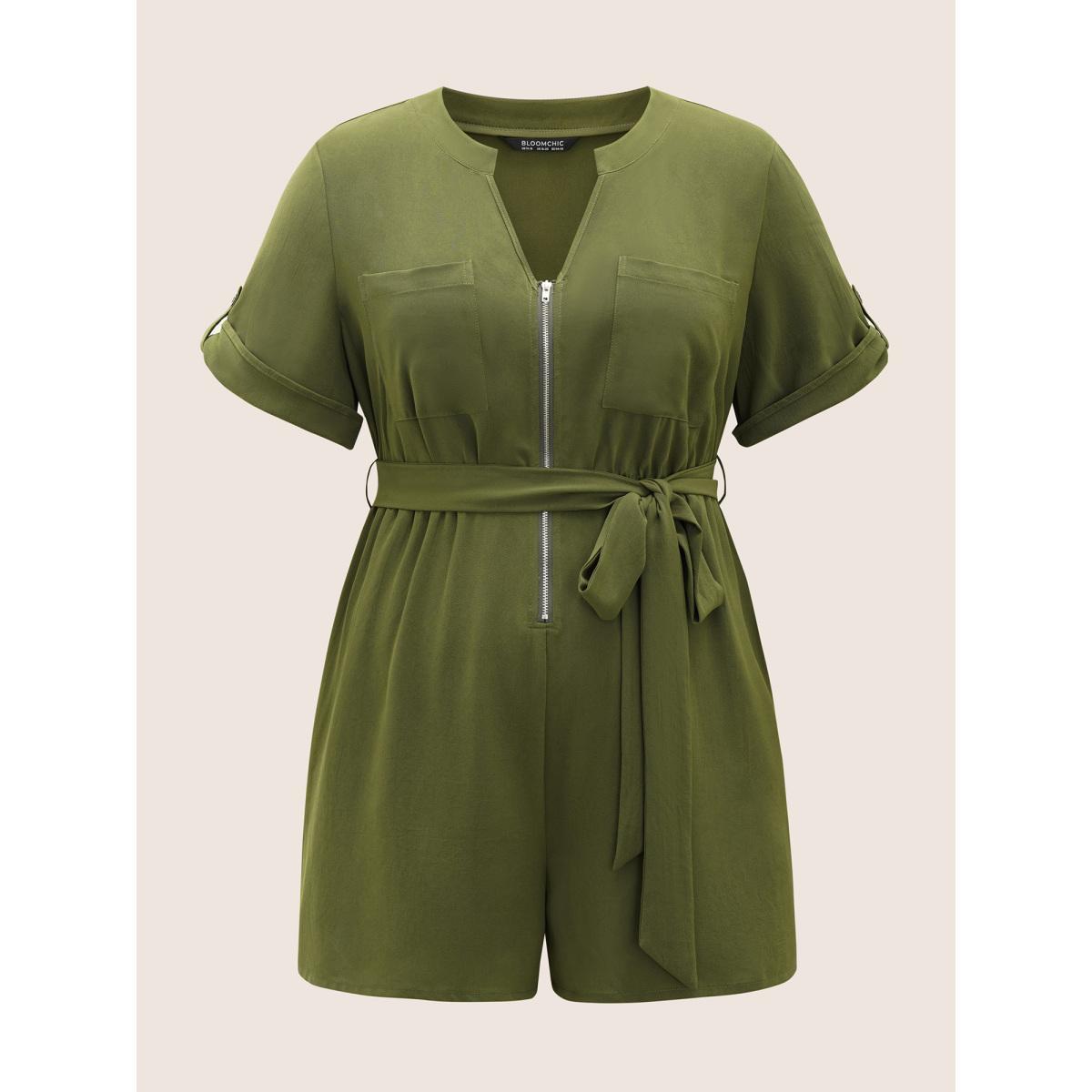Plus Size Moss Solid Half Zip Belted Tab Sleeve Jumpsuit Women At the Office Half Sleeve Flat collar with V-notch Work Loose Jumpsuits BloomChic 18-20/2X Product Image