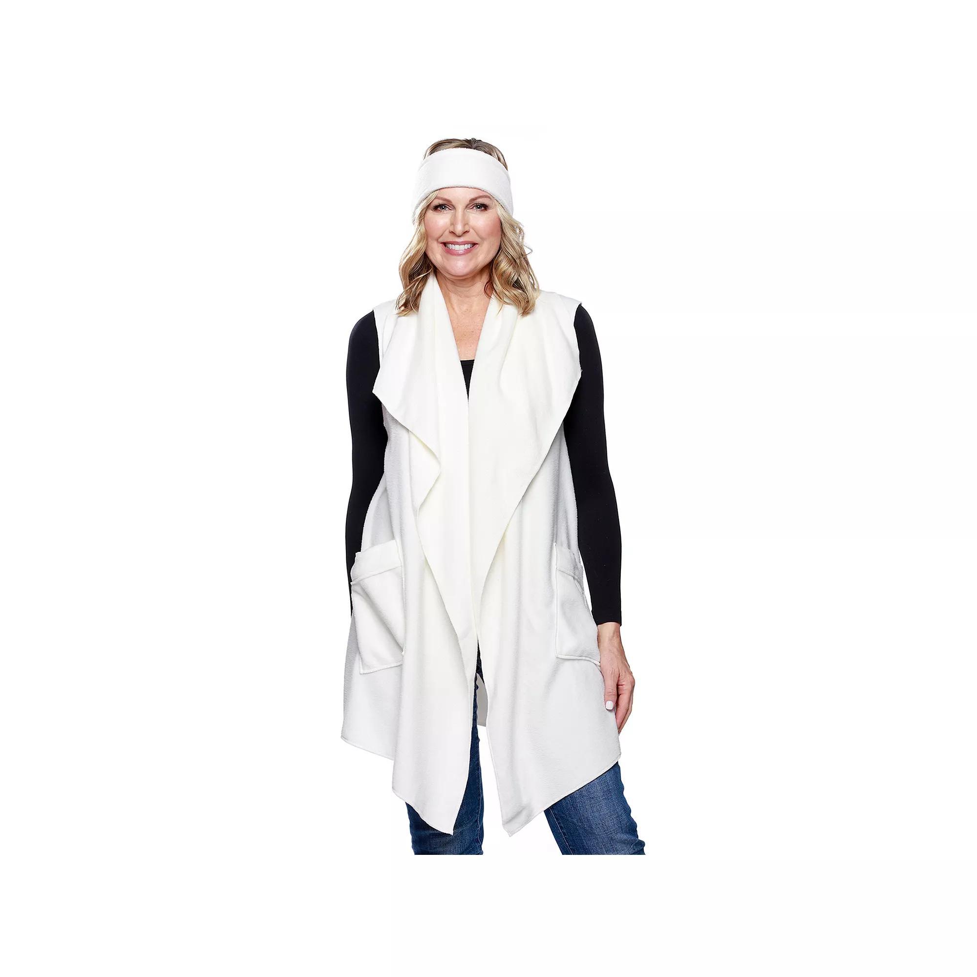 Women's Le Moda Solid Knit Fleece Vest with Matching Headband, White Product Image