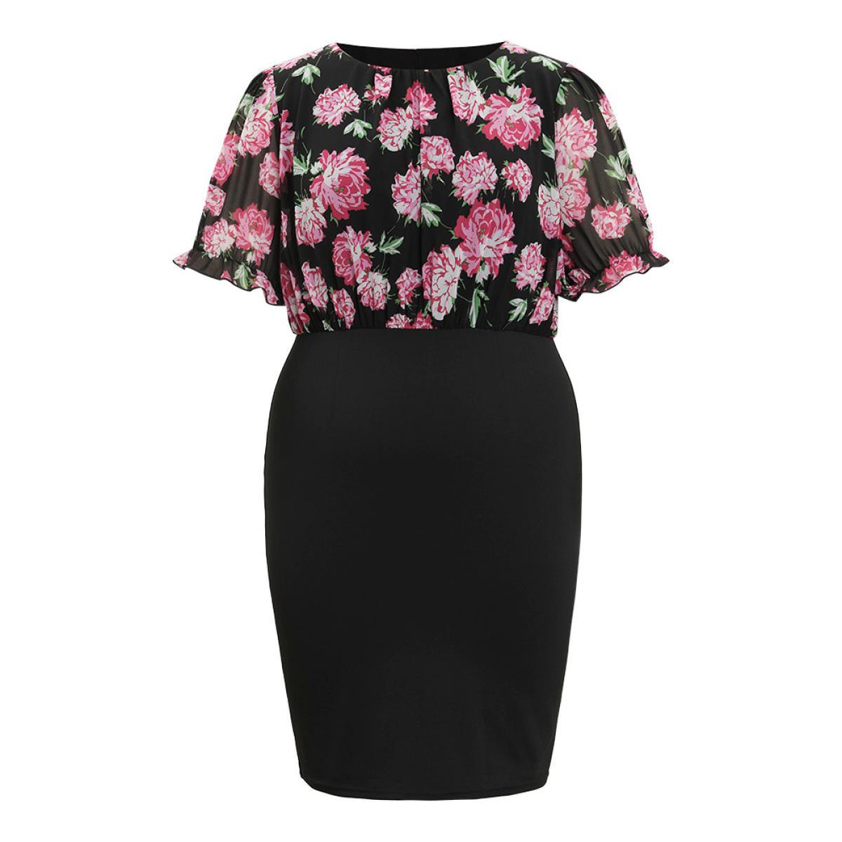 Plus Size Floral Patchwork Mesh Puff Sleeve Bodycon Dress Black Women Elegant Gathered Round Neck Short sleeve Curvy Knee Dress BloomChic 30/6X Product Image