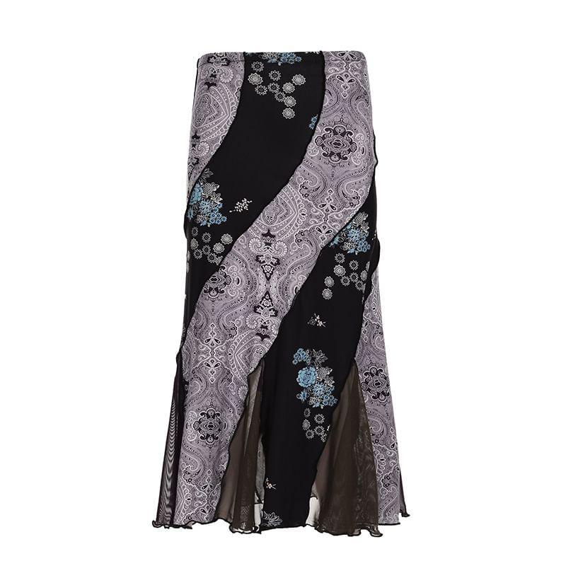 Low Rise Floral Mesh Panel Midi A-Line Skirt Product Image
