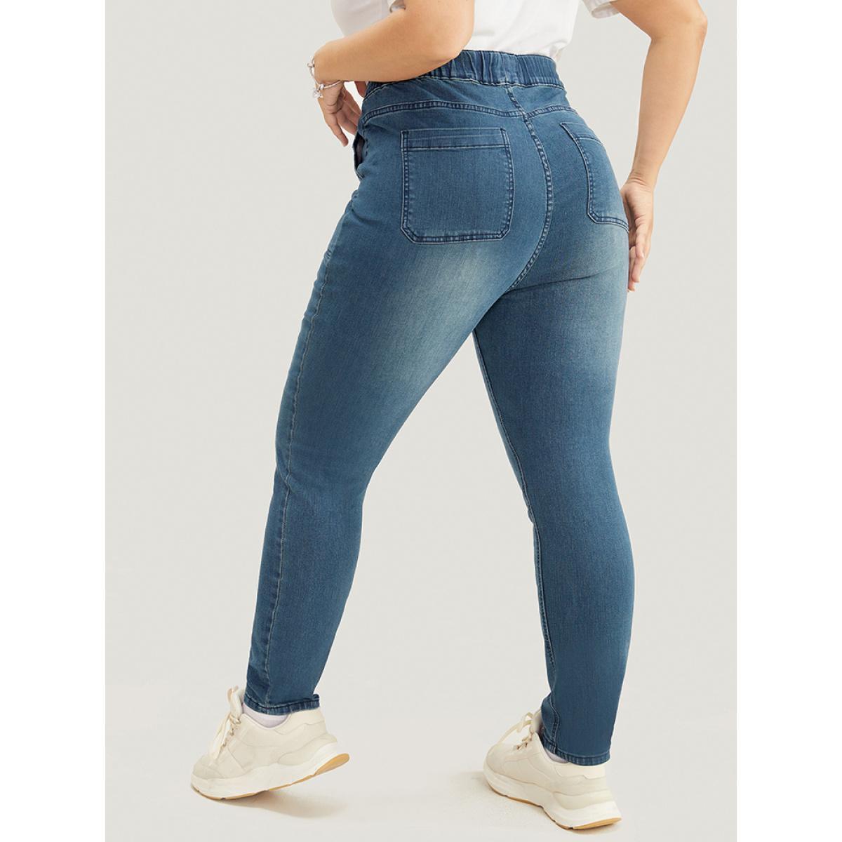 Plus Size Slightly Stretchy High Rise Dark Wash Drawstring Jeans Women DarkBlue Casual Plain Pocket Low stretch Pocket Jeans BloomChic 14/1X Product Image