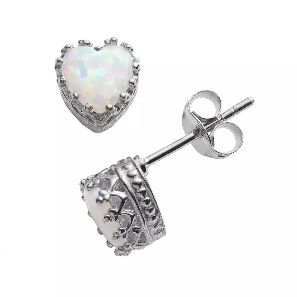Designs by Gioelli Sterling Silver Lab-Created Opal Heart Crown Stud Earrings, Womens, White Product Image