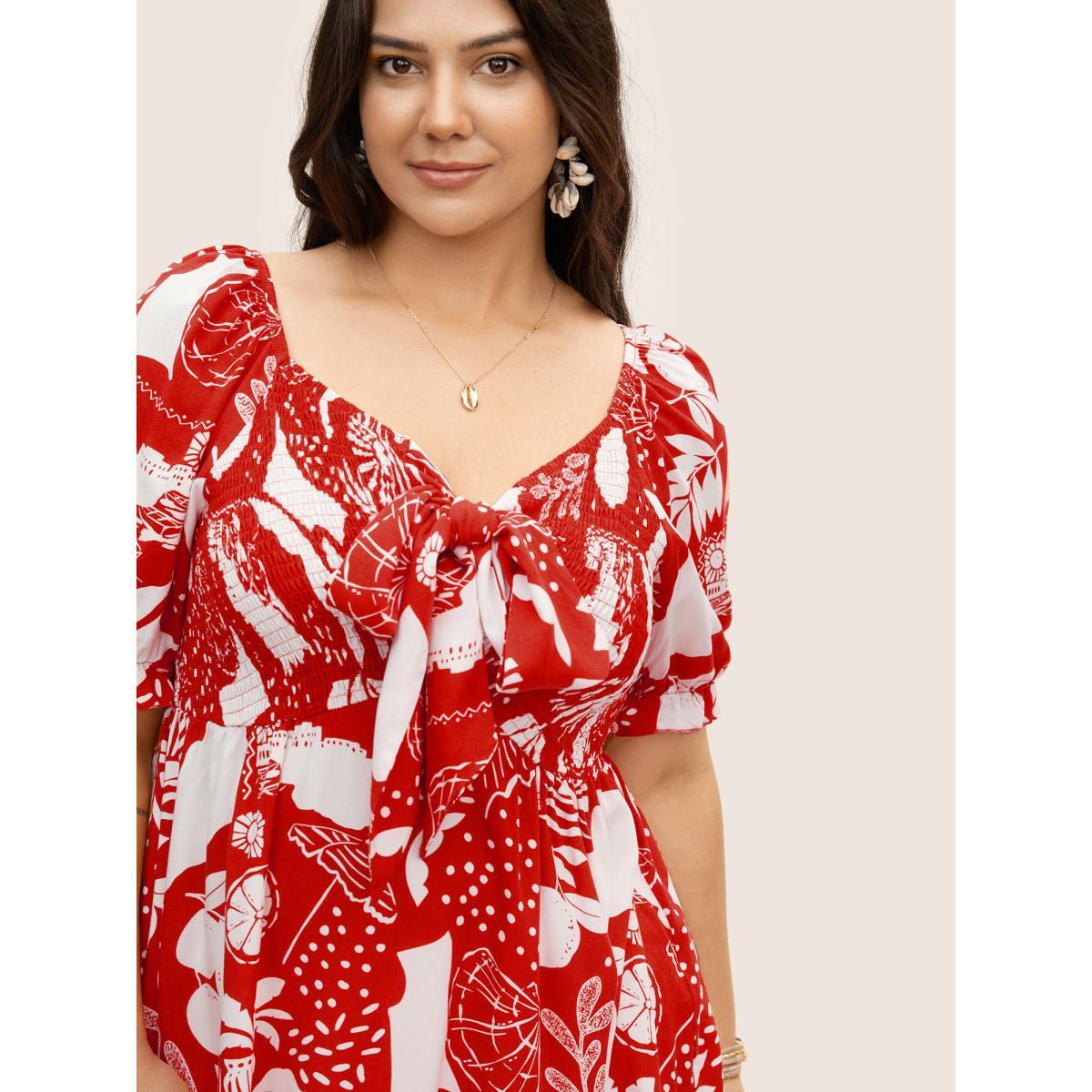 Plus Size Crimson Tropical Print Bowknot Shirred Lantern Sleeve Blouse Women Resort Short sleeve V-neck Vacation Blouses BloomChic 22-24/3X Product Image
