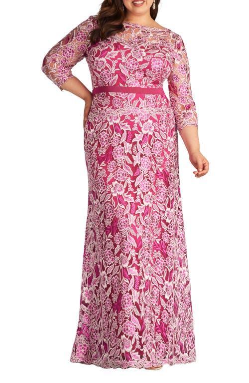 Womens Plus Three-Quarter-Sleeved Embroidered Lace Gown Product Image