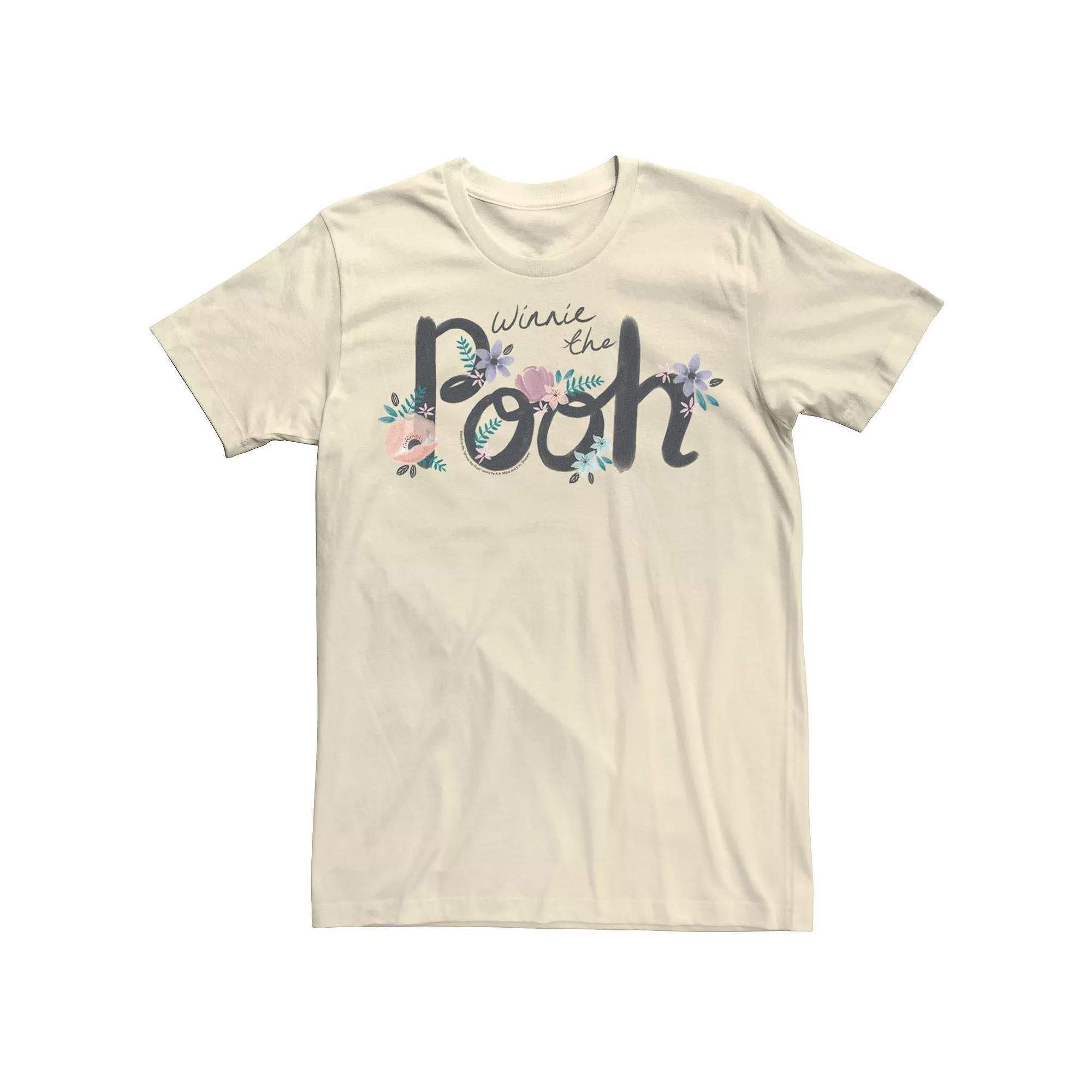 Disney's Winnie The Pooh Floral Cursive Name Text Men's Tee, Size: Medium, Natural Product Image