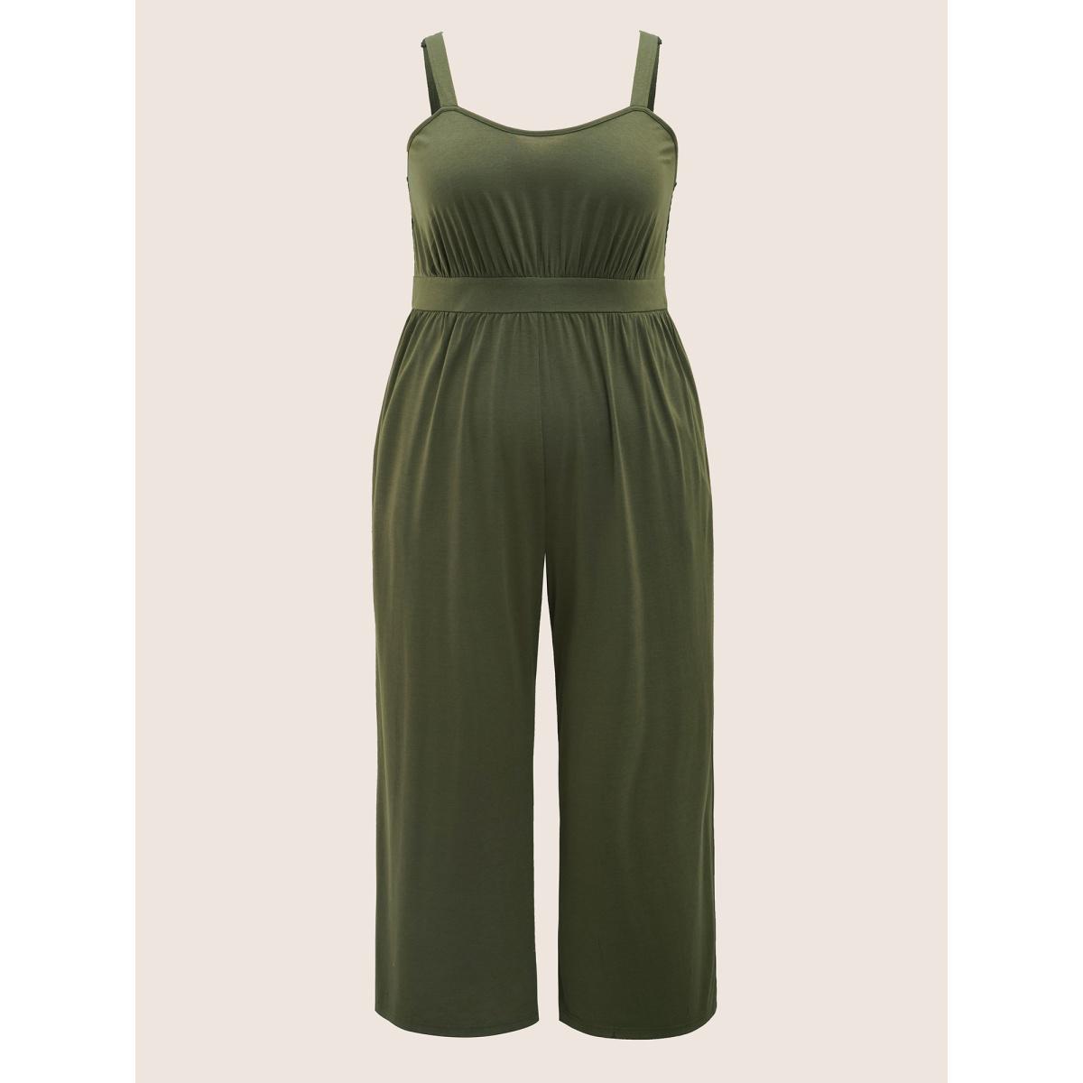 Plus Size ArmyGreen Supersoft Essentials Shirred Pocket Cami Jumpsuit Women Casual Sleeveless Non Everyday Loose Jumpsuits BloomChic 30/6X Product Image