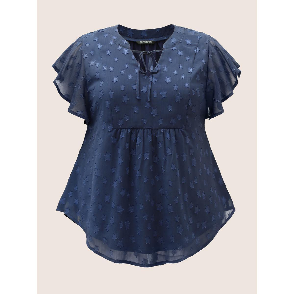 Plus Size Indigo Star Mesh Gathered Ruffle Sleeve Blouse Women Elegant Cap Sleeve V-neck Everyday Blouses BloomChic 22-24/3X Product Image