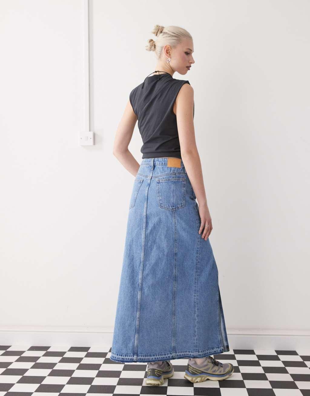 Monki western style denim maxi skirt in vintage blue wash  Product Image