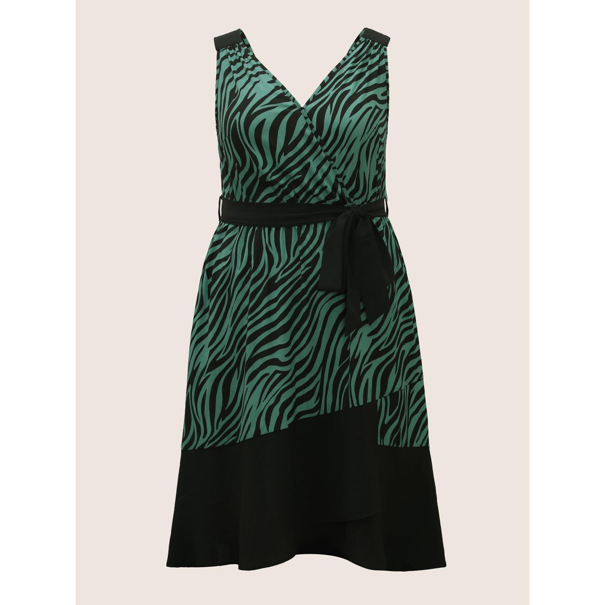 Plus Size Zebra Print Wrap Belted Tank Dress Emerald Women At the Office Belted V-neck Sleeveless Curvy BloomChic 26/4X Product Image