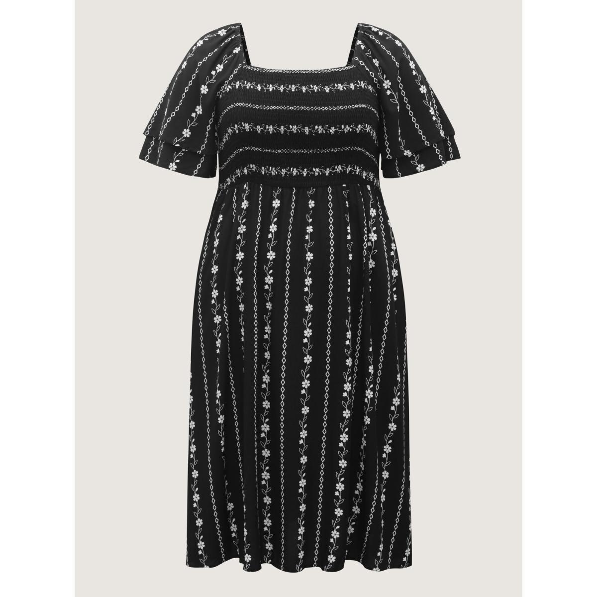 Plus Size Floral Stripes Layered Ruffle Sleeve Midi Dress Black Women Shirred Square Neck Short sleeve Curvy BloomChic 30/6X Product Image