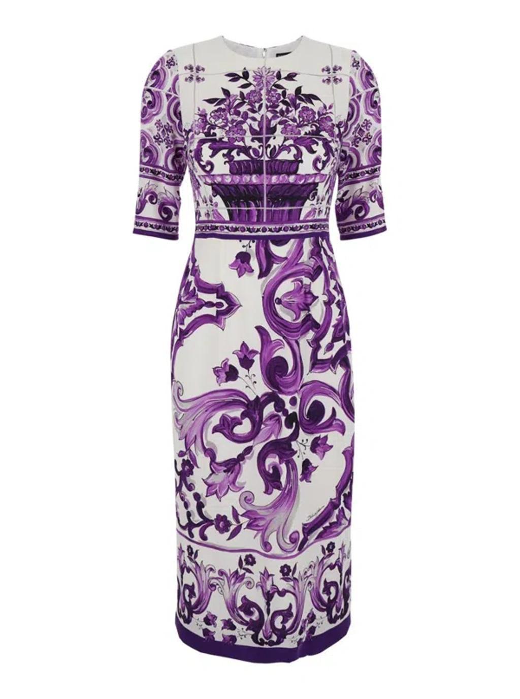 DOLCE & GABBANA Violet Crewneck Dress With Rear Zip Closure And All-over Floral Print In Silk Stretch Woman In Purple Product Image