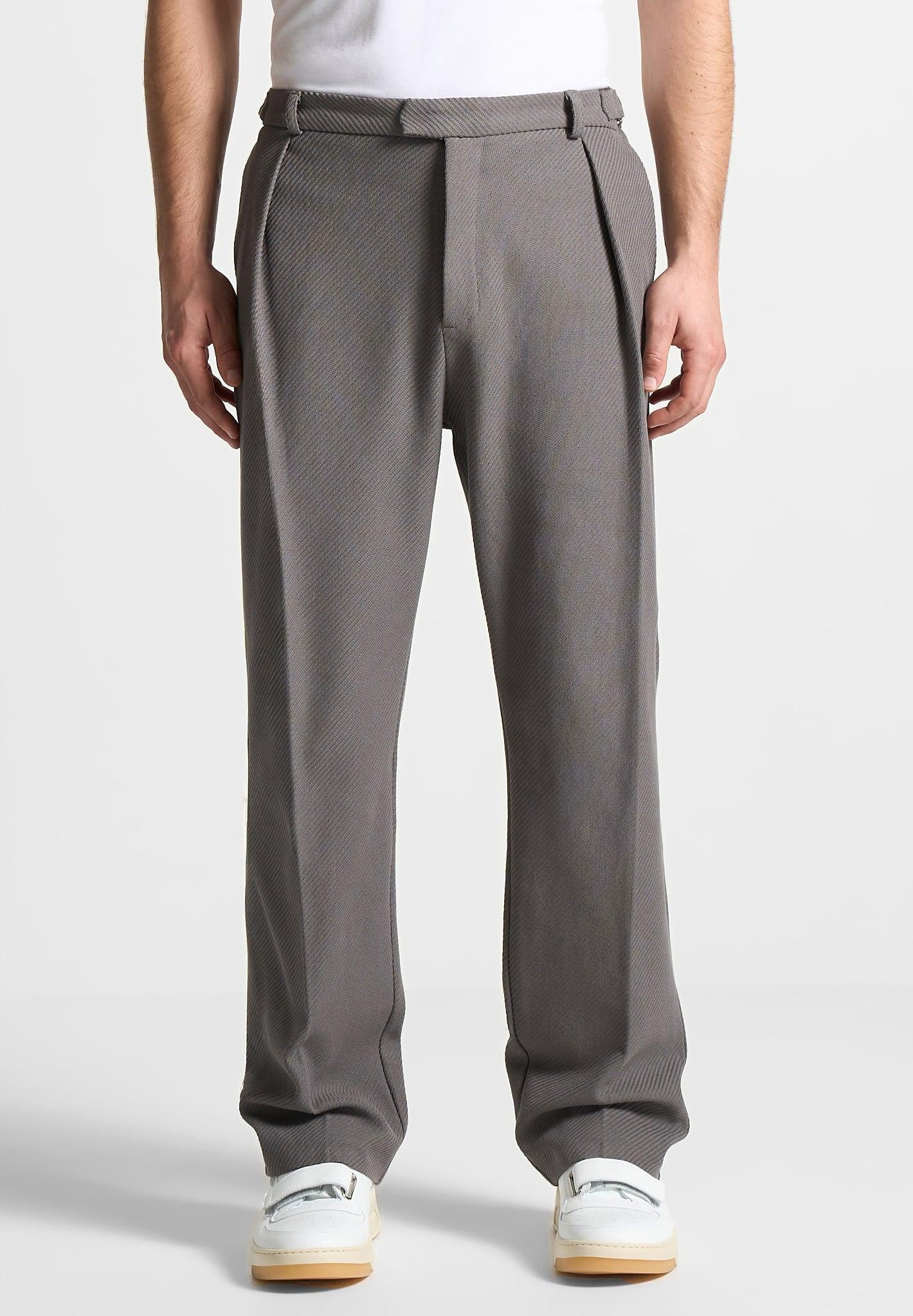 Relaxed Fit Twill Pleated Tailored Trousers - Grey Male Product Image