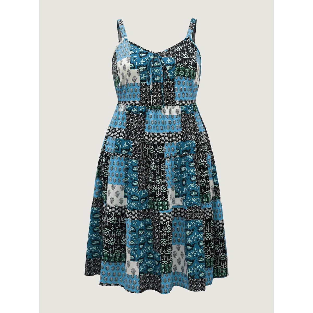 Plus Size Boho Floral Collage Stretchy Waist Midi Dress Multicolor Women Tie knot Non Sleeveless Curvy BloomChic 12/L Product Image