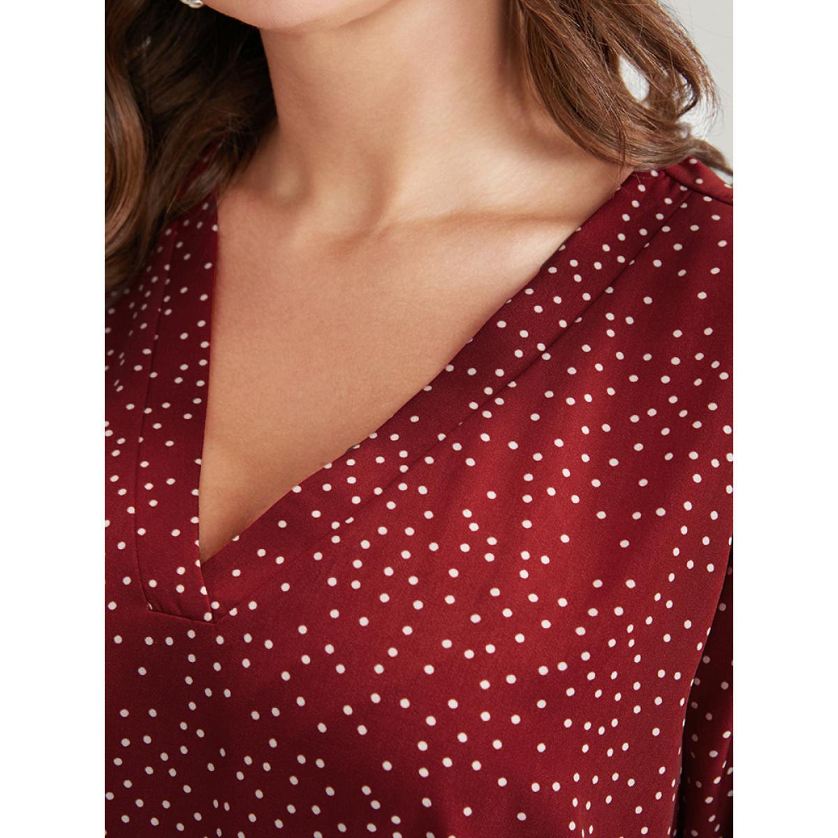 Plus Size Burgundy Polka Dot Roll Sleeve V Neck Blouse Women Elegant Elbow-length sleeve V-neck Dailywear Blouses BloomChic 12/L Product Image