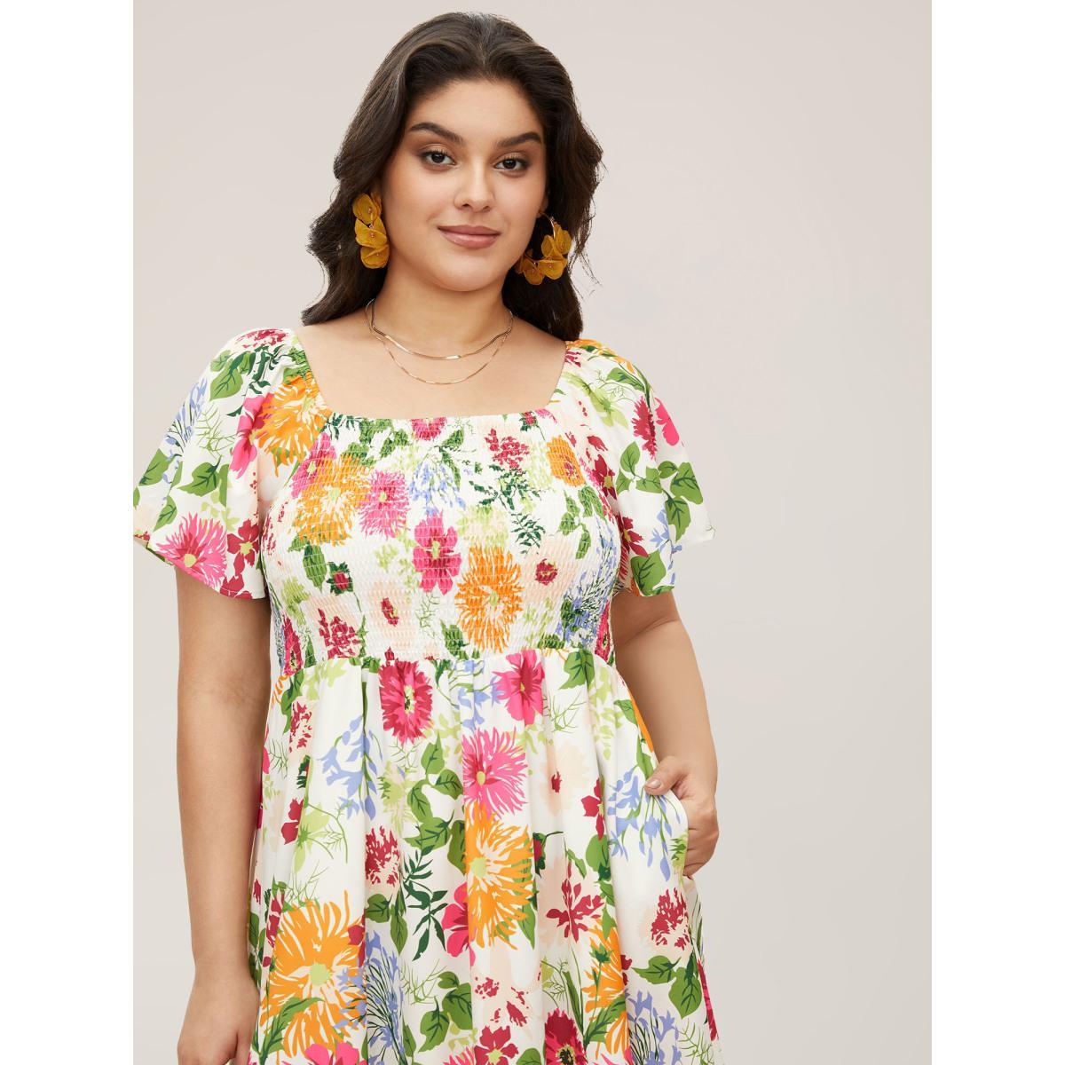 Plus Size Floral Shirred Square Neck Pocket Midi Dress Multicolor Women Elegant Non Square Neck Short sleeve Curvy Midi Dress BloomChic 28/5X Product Image