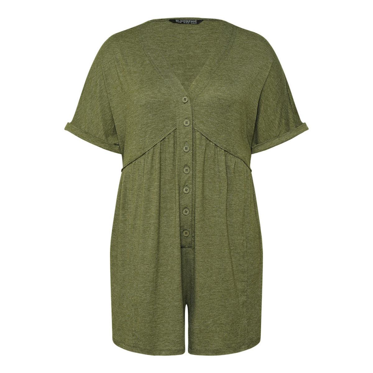 Plus Size ArmyGreen Solid Button Through Pocket Cuffed Batwing Sleeve Romper Women Casual Short sleeve V-neck Dailywear Loose Jumpsuits BloomChic 14-16/1X Product Image