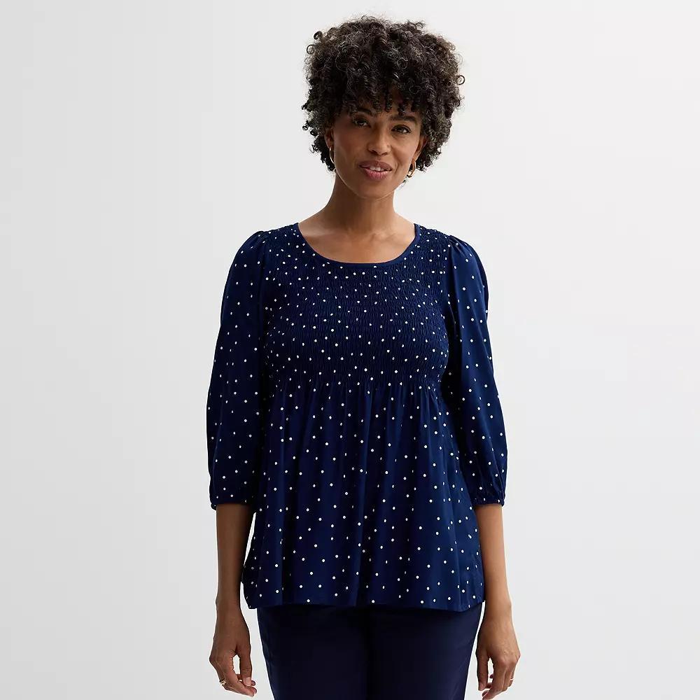 Women's Croft & Barrow® Three-Quarter Sleeve Smocked Blouse, Size: Medium, Blue Scatter Dot Product Image