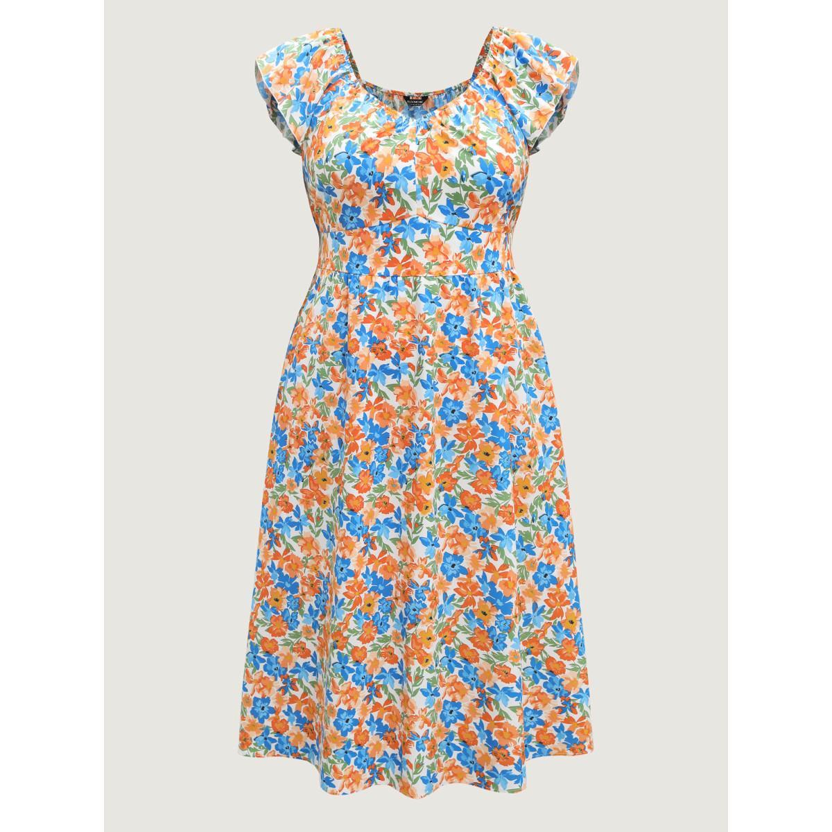 Plus Size Floral Print Stretchy Waist Flutter Midi Dress Multicolor Women V-neck Cap Sleeve Curvy BloomChic 18-20/2X Product Image