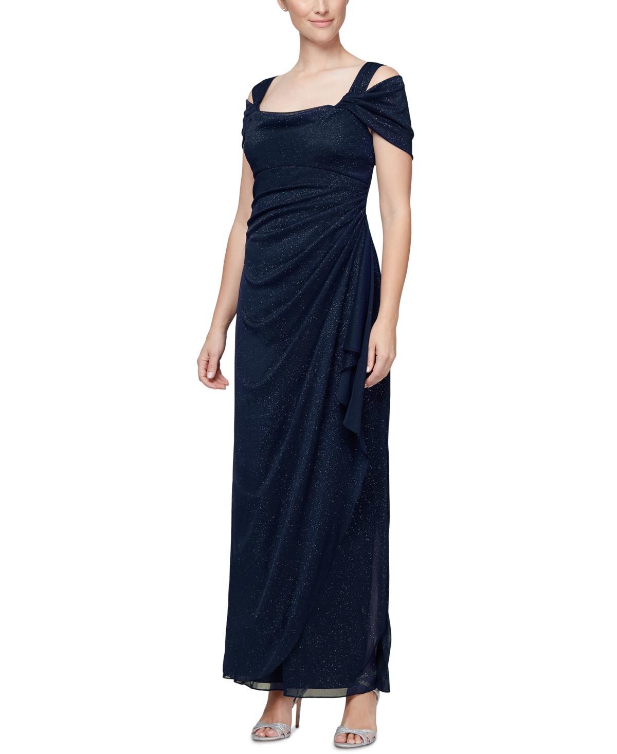 Alex Evenings Glitter Mesh Cowl Neck Cold Shoulder Cap Sleeve Side Slit Ruched Gown Product Image
