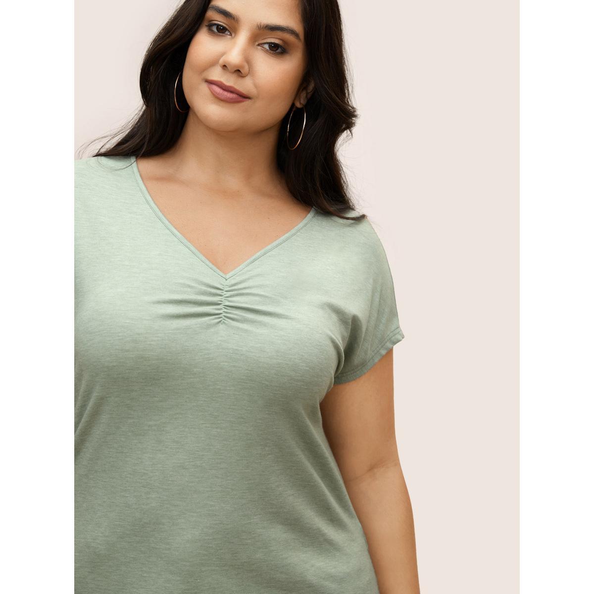 Plus Size Solid Heather Ruched Dolman Sleeve T-shirt LightGreen Women Casual Gathered V-neck Everyday T-shirts BloomChic 22-24/3X Product Image