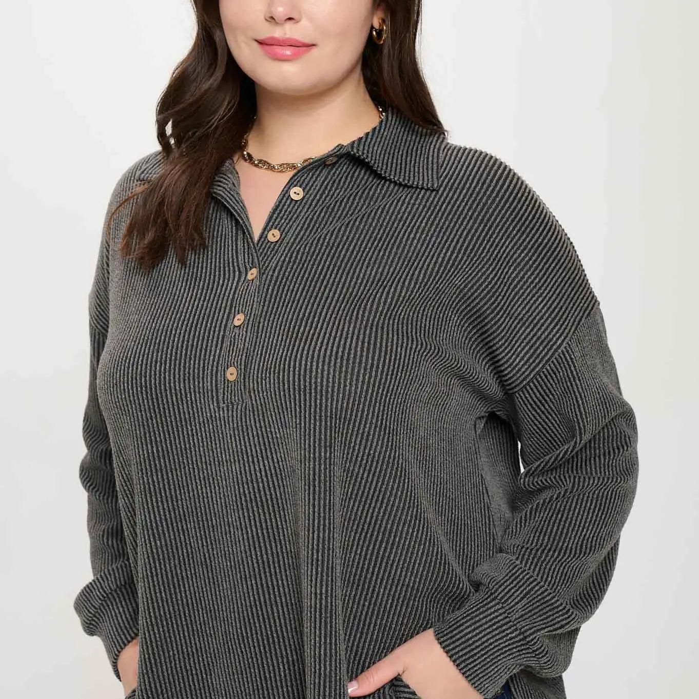 Women's Charcoal Plus Pinstripe Collared Half Button Knit Top Product Image