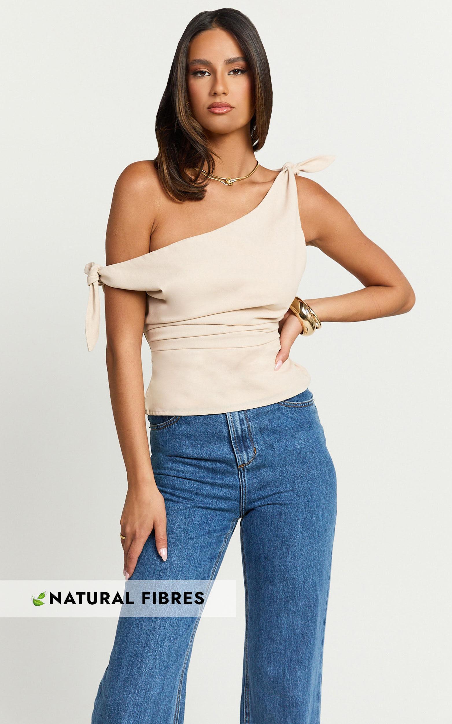 Ivy Top - Linen Off Shoulder Tie Top in Oatmeal Product Image