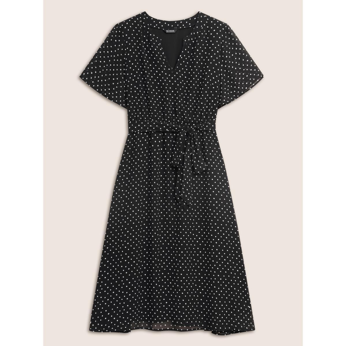 Plus Size Chiffon Polka Dot Ruffle Sleeve Dress Black Women Elegant See through Flat collar Short sleeve Curvy BloomChic 28/5X Product Image