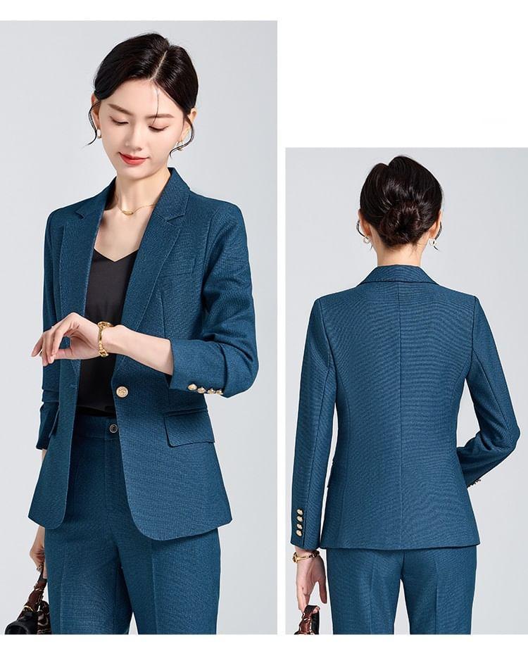 Set: Lapel Collar Plain Single Breasted Blazer + Mid Waist Plain Slacks Product Image