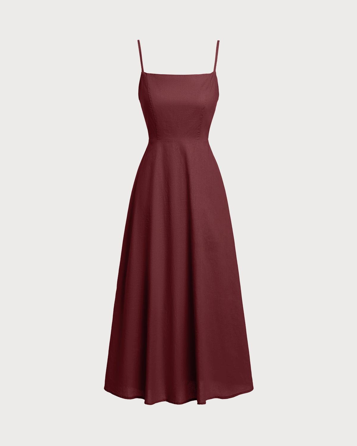 Wine Red Square Neck Shirred Slip Midi Dress Product Image