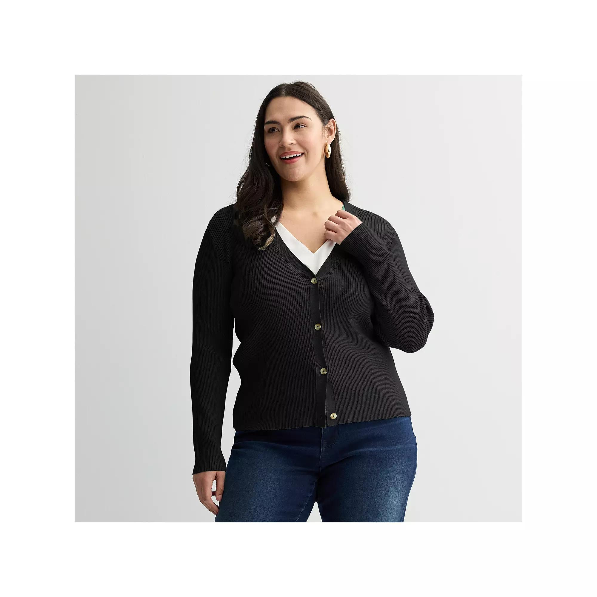 Plus Size Nine West Sweater Sculpt Ribbed Cardigan, Women's, Size: 2XL, Mineral Black Product Image