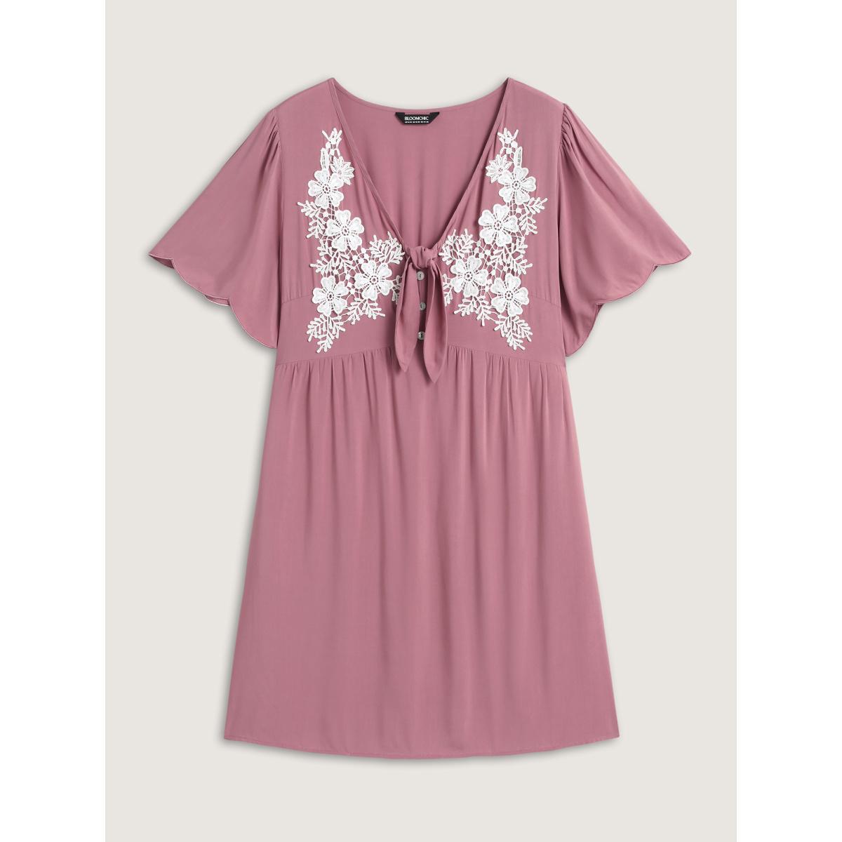 Plus Size Rayon Bodice Embroidered Patchwork Knot Midi Dress DustyPink Women V-neck Short sleeve Curvy BloomChic 28/5X Product Image