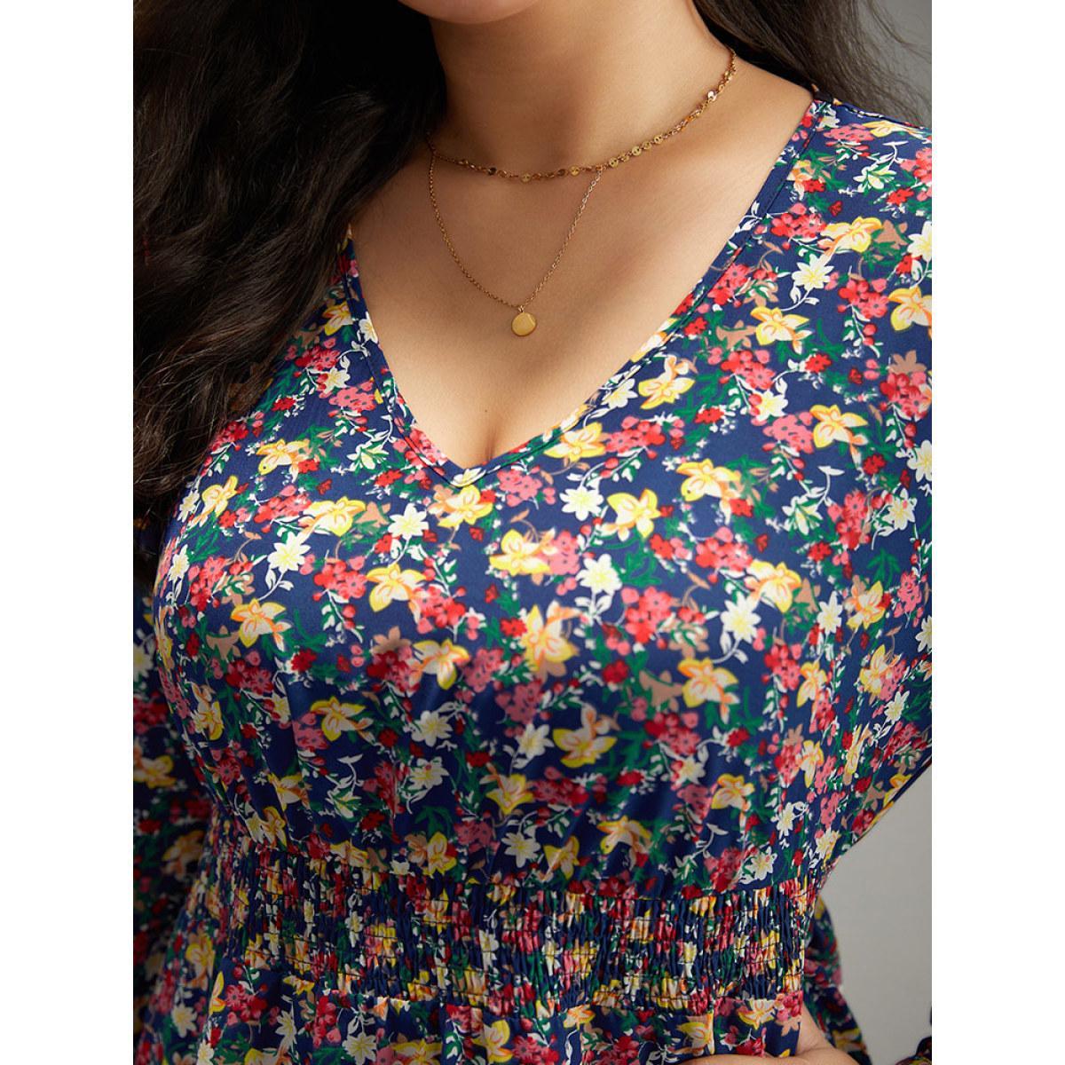 Plus Size Ditsy Floral Shirred Knee Dress DarkBlue Women Elegant Printed V-neck Long Sleeve Curvy Knee Dress BloomChic 10/M Product Image