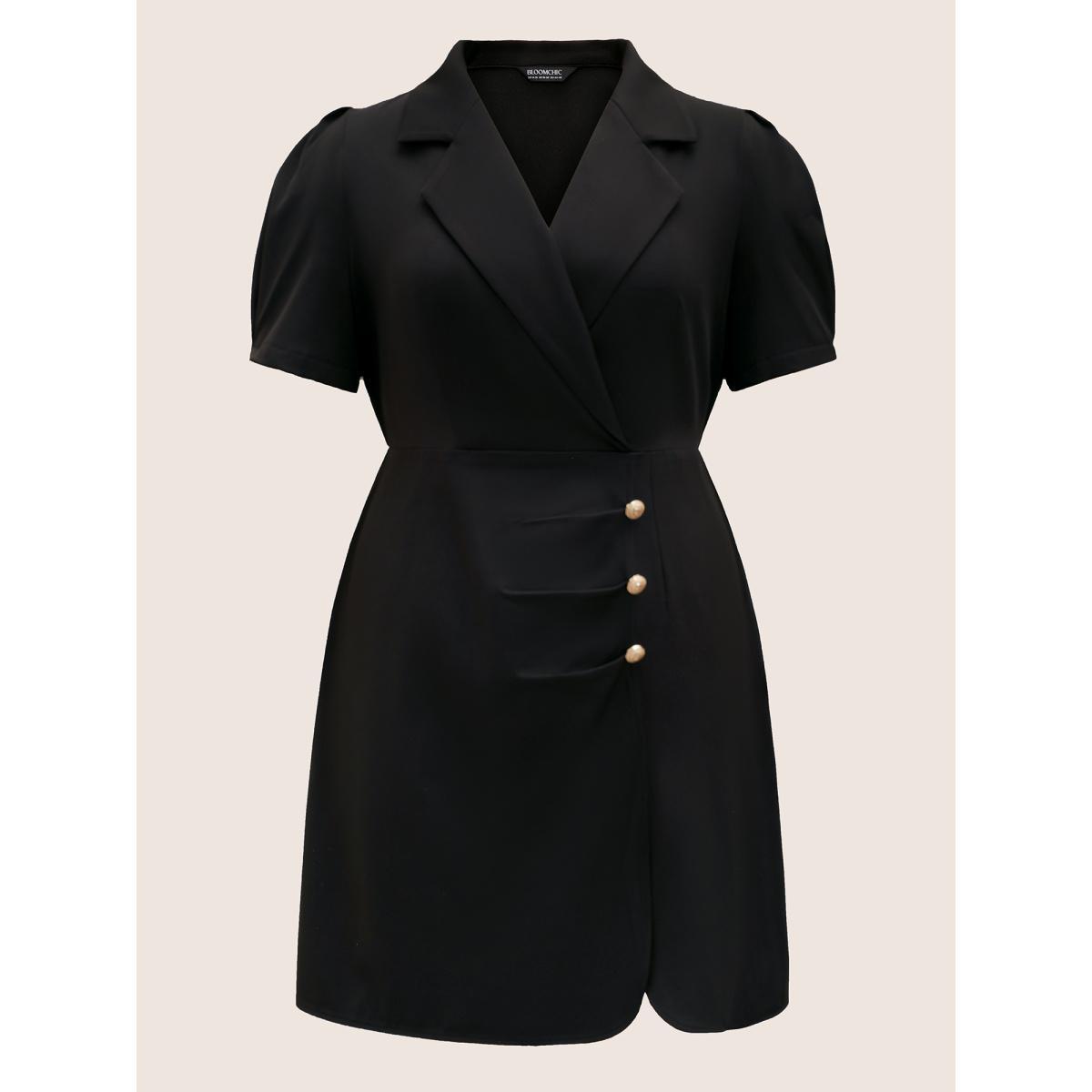 Plus Size Suit Collar Metal Detail Lantern Sleeve Dress Black Women Workwear Essentials Button Suit Collar Sleeveless Curvy BloomChic 12/L Product Image