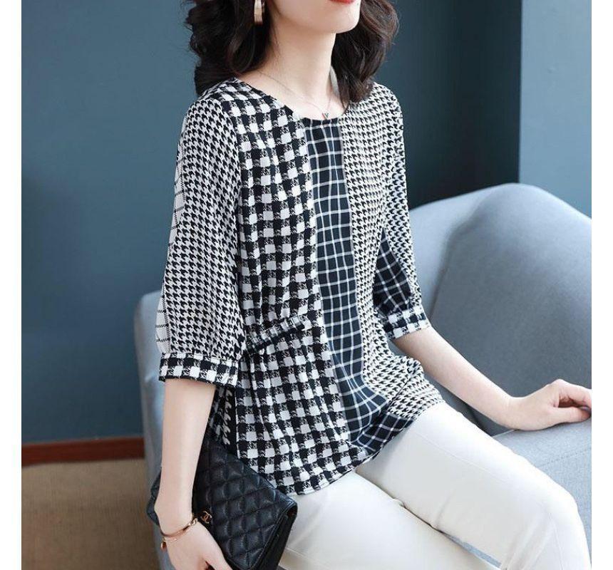Elbow-Sleeve Round Neck Plaid Houndstooth Chiffon Blouse Product Image