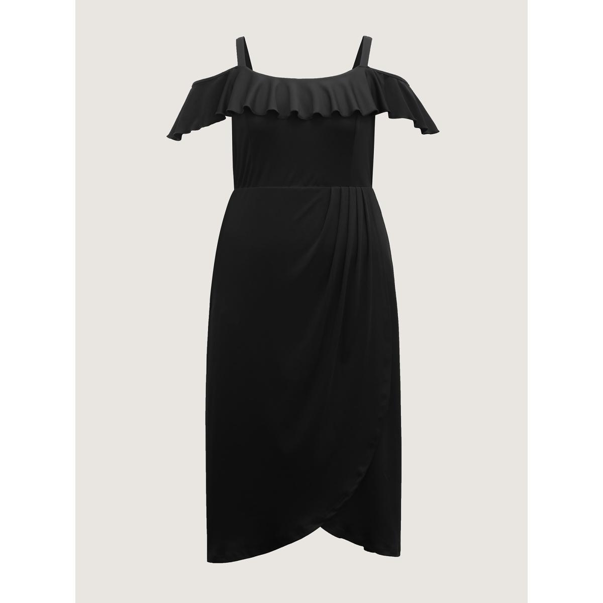 Plus Size Pleated Ruffled Off-Shoulder Midi Dress Black Women One-shoulder neck Short sleeve Curvy BloomChic 12/L Product Image