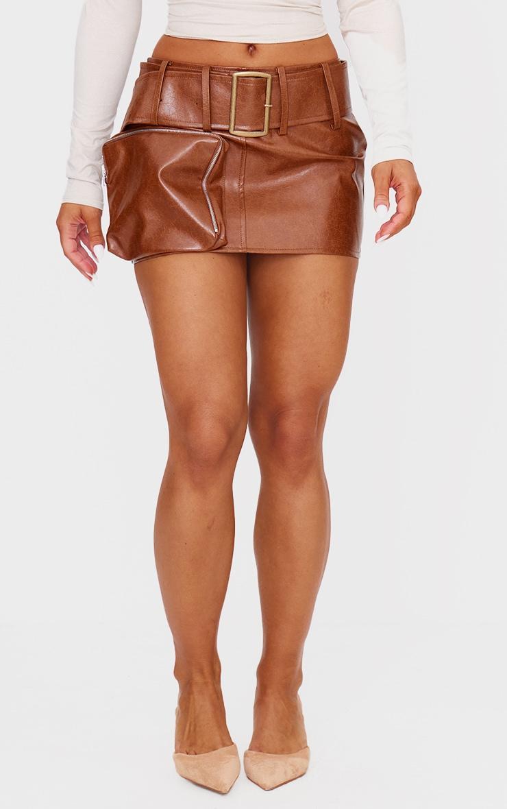 Premium Brown Washed Faux Leather Belt Zip Mini Skirt Product Image